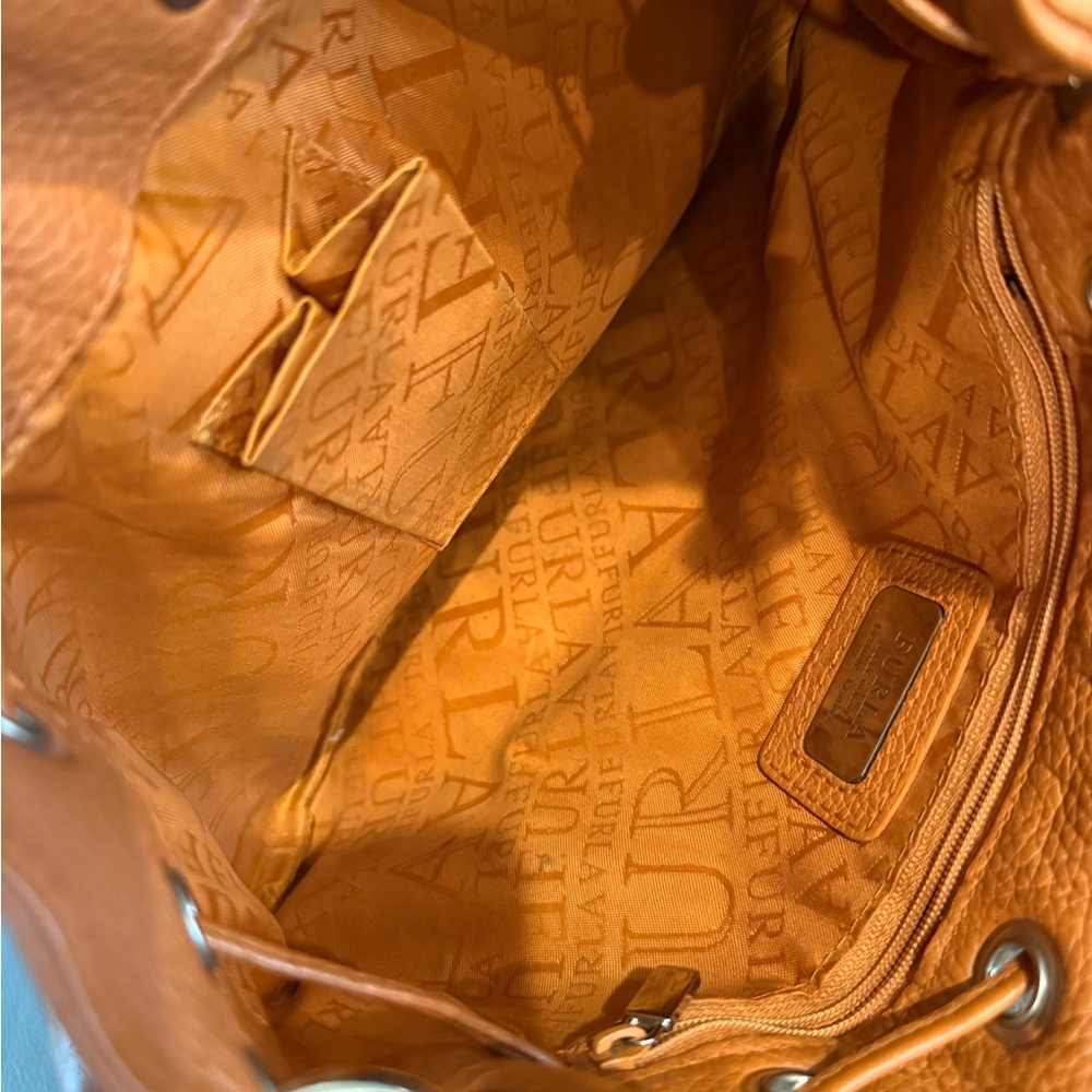 Orange Brown Leather Original Furla Drawstring Hobo Bag Purse - Picture 6 of 8